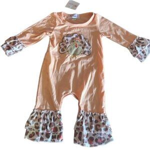 Clover Cottage Turkey baby girl Romper Peach Long Sleeve Ruffle Cuffs & Ankles